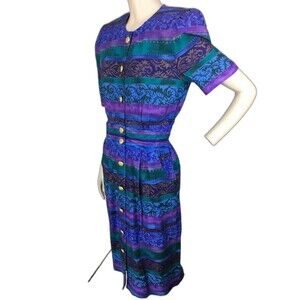 Vintage 80s 90s Positive Attitude Colorful Striped Gold  Shirt Dress Size 6